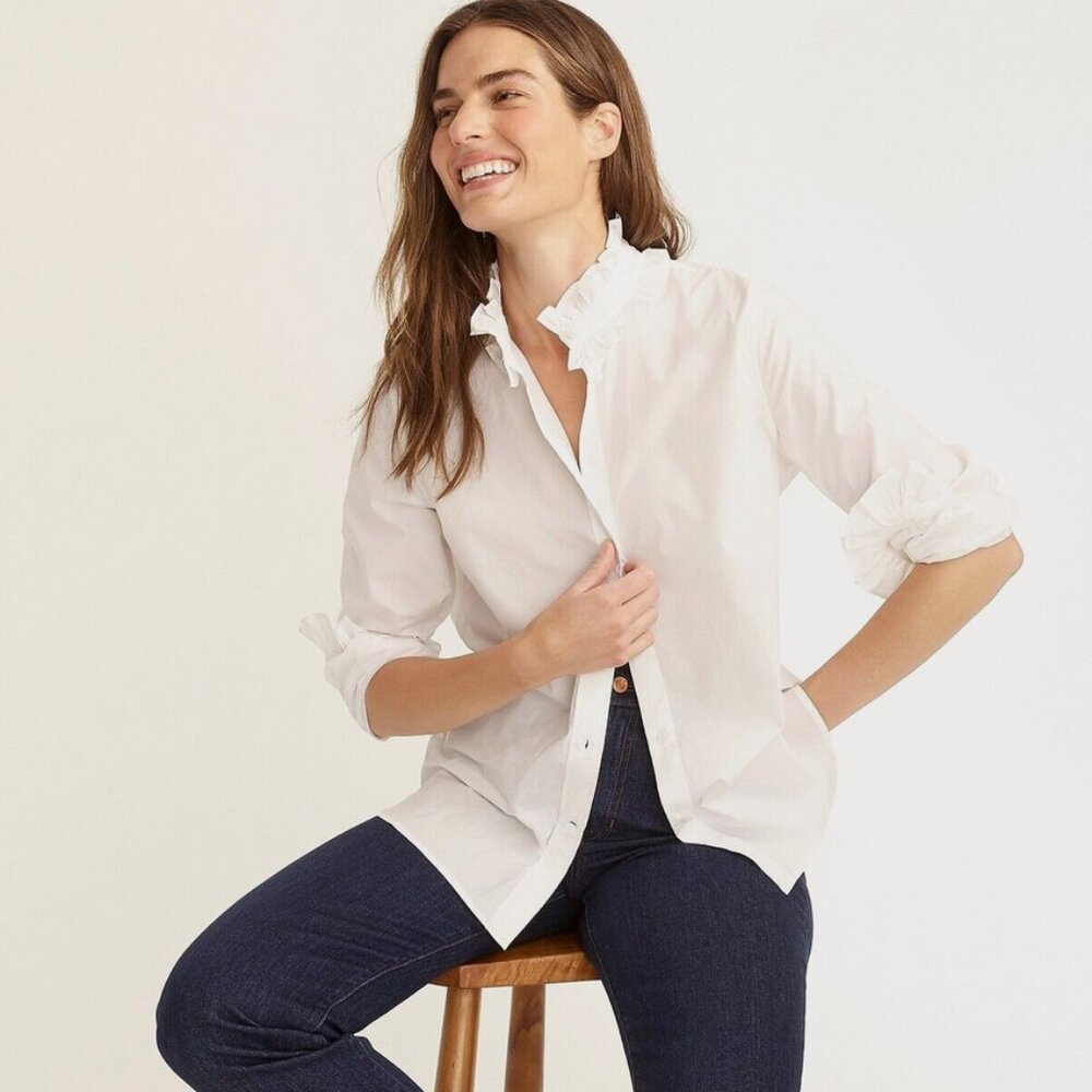 J. Crew Ruffle Neck Cotton Shirt / Blouse White